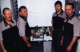 Moto FGR zleva: šéf projektu Miroslav felgr, konstruktéři Oldřich Kreuz a ing. Zdeněk Špindler a mechanik Petr Zářecký.